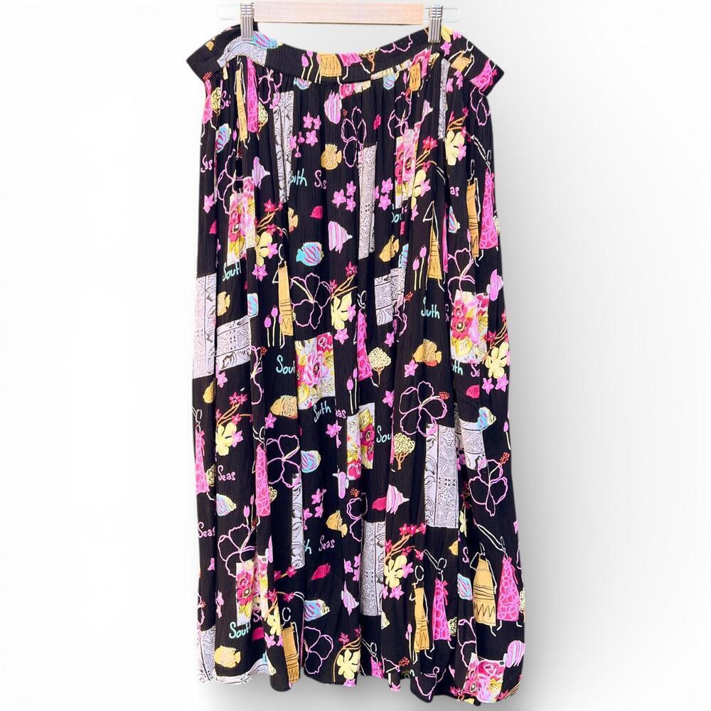 Vintage Black Vacation Print Flowy Plus Size Rayon Maxi Skirt - Picture 3 of 6